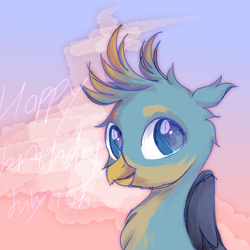 Size: 1000x1000 | Tagged: artist needed, source needed, safe, imported from derpibooru, gallus, griffon, chest fluff, cloud, cute, english, eye reflection, floppy ears, gallabetes, handsome, happy birthday, july, leader, looking at you, male, reflection, solo, teenager