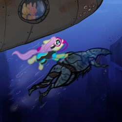 Size: 1000x1000 | Tagged: safe, artist:nootaz, imported from derpibooru, fluttershy, pony, barotrauma, diving suit, female, fluttershy's wetsuit, mare, mudraptor, ocean, scuba gear, submarine, swimming, underwater, water, watershy, wetsuit