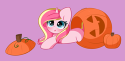 Size: 6701x3272 | Tagged: safe, artist:kittyrosie, imported from derpibooru, oc, oc only, oc:rosa flame, pony, unicorn, :o, blushing, open mouth, pink background, pumpkin, simple background, solo