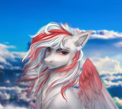 Size: 4500x4000 | Tagged: safe, artist:lynex_483, imported from derpibooru, oc, oc:skyshard melody, pegasus, pony, blurry background, bust, cloud, commission, confident, ear piercing, earring, female, jewelry, mare, outdoors, pendant, piercing, portrait, red eyes, red mane, sky, sky background, solo, white fur, white mane, wings