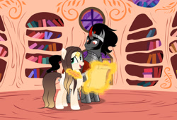 Size: 1280x870 | Tagged: safe, artist:cindystarlight, imported from derpibooru, king sombra, oc, oc:cindy, pegasus, pony, base used, female, golden oaks library, magic, mare, scroll