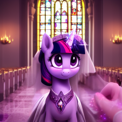Size: 512x512 | Tagged: safe, imported from derpibooru, twilight sparkle, human, pony, unicorn, ai content, ai generated, church, clothes, cute, dress, generator:stable diffusion, glowing, glowing horn, hand, horn, magic, marriage, offscreen character, offscreen human, peytral, telekinesis, twiabetes, veil, wedding, wedding dress