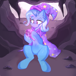 Size: 1000x1000 | Tagged: safe, artist:thieftea, imported from derpibooru, trixie, unicorn, cape, cave, clothes, crystal, ear fluff, female, glowing, hat, mare, solo, trixie's cape, trixie's hat