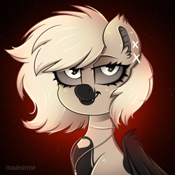 Size: 2000x2000 | Tagged: safe, artist:madelinne, imported from derpibooru, oc, oc only, oc:devilvoice, bat pony, pony, bust, commission, gradient background, jewelry, portrait, red, solo