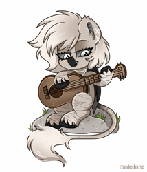 Size: 2000x2340 | Tagged: safe, artist:madelinne, imported from derpibooru, oc, oc only, oc:devilvoice, bat pony, pony, chibi, commission, guitar, leonine tail, musical instrument, playing guitar, simple background, solo, tail, unshorn fetlocks, white background