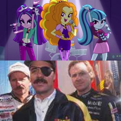 Size: 750x750 | Tagged: safe, edit, imported from derpibooru, screencap, adagio dazzle, aria blaze, sonata dusk, human, equestria girls, rainbow rocks, dale earnhardt, ernie irvan, eyepatch, irl, irl human, looking at you, motorsport, nascar, photo, racing suit, rusty wallace, the dazzlings