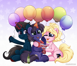 Size: 3408x2931 | Tagged: safe, artist:madelinne, imported from derpibooru, oc, oc only, oc:fenris ebonyglow, oc:kara waypoint, oc:slashing prices, earth pony, pegasus, unicorn, alcohol, arm around neck, balloon, birthday, birthday gift, clothes, colored hooves, commission, earth pony oc, fangs, glass, hat, horn, magic, magic aura, open mouth, party hat, pegasus oc, scarf, smiling, stars, tongue out, trio, unicorn oc, unshorn fetlocks, wine, wine glass