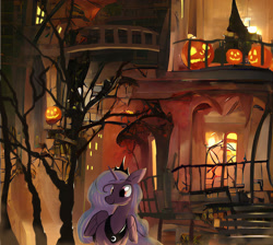 Size: 2763x2480 | Tagged: safe, artist:neoshrek, imported from derpibooru, princess luna, alicorn, pony, ai assisted, ai content, halloween, holiday, jack-o-lantern, pumpkin, solo