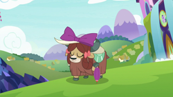 Size: 1280x720 | Tagged: safe, imported from derpibooru, screencap, yona, yak, season 9, she's all yak, spoiler:s09, bowtie, cloven hooves, cute, female, fit right in, happy, hat, monkey swings, solo, umbrella, yonadorable