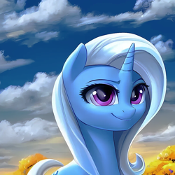 Size: 1024x1024 | Tagged: safe, imported from derpibooru, trixie, pony, unicorn, ai content, ai generated, autumn, generator:purplesmart.ai, generator:stable diffusion, sky, solo