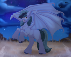 Size: 5315x4252 | Tagged: safe, artist:creed larsen, imported from derpibooru, oc, oc:scrimmy, bat pony, pony, fangs, male, night, smiling, solo, wings