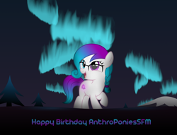 Size: 4250x3250 | Tagged: safe, artist:strategypony, imported from derpibooru, oc, oc only, oc:aurora starling, earth pony, pony, aurora borealis, birthday, braid, cute, earth pony oc, female, filly, foal, glasses, gradient mane, gradient tail, high res, looking up, mountain, night, ocbetes, tail, text, tree