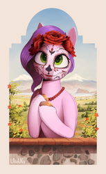 Size: 2611x4263 | Tagged: safe, artist:uliovka, imported from derpibooru, pipp petals, pegasus, pony, catrina (calavera garbancera), cempasúchil, dia de los muertos, female, flower, g5, mare, scenery, solo