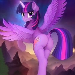 Size: 832x832 | Tagged: safe, editor:craft, imported from derpibooru, twilight sparkle, alicorn, pony, ai content, ai generated, butt, dock, female, flying, generator:stable diffusion, mare, plot, spread wings, sultry pose, tail, twibutt, twilight sparkle (alicorn), wings