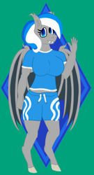 Size: 1400x2600 | Tagged: safe, imported from derpibooru, oc, oc:diamond azure, anthro, bat pony, unguligrade anthro, anthro oc, bat pony oc, blue eyes, breasts, clothes, eyelashes, fangs, female, multicolored hair, shirt, shorts, simple background, solo