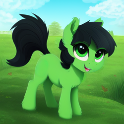 Size: 800x800 | Tagged: safe, editor:craft, imported from derpibooru, oc, oc only, oc:filly anon, earth pony, pony, ai content, ai generated, blank flank, chest fluff, ear fluff, female, filly, generator:stable diffusion, smiling, solo