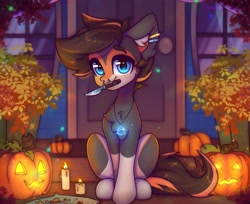 Size: 3451x2819 | Tagged: safe, artist:radioaxi, imported from derpibooru, oc, oc only, earth pony, pony, candle, halloween, holiday, jack-o-lantern, knife, pumpkin, solo