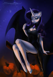 Size: 892x1280 | Tagged: safe, artist:severnoesi, imported from derpibooru, rarity, anthro, undead, unguligrade anthro, unicorn, vampire, bat wings, breasts, busty rarity, cleavage, female, halloween, holiday, pumpkin, solo, wings