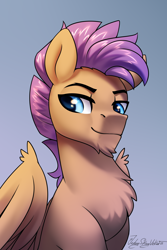 Size: 2000x3000 | Tagged: safe, artist:jedayskayvoker, imported from derpibooru, oc, oc only, oc:bulwark, pegasus, blue eyes, bust, chest fluff, chin fluff, eyebrows, folded wings, gradient background, icon, male, not scootaloo, patreon, patreon reward, pegasus oc, portrait, smiling, solo, stallion, wings