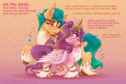 Size: 4020x2700 | Tagged: safe, artist:alzmariowolfe, imported from derpibooru, hitch trailblazer, pipp petals, earth pony, pegasus, pony, adorapipp, chest fluff, cute, female, g5, gold, headband, height difference, hitchpipp, jewelry, male, mare, meme, music notes, otp, pipp is short, princess, shipping, stallion, straight, unshorn fetlocks