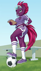 Size: 1048x1800 | Tagged: safe, artist:dstears, imported from derpibooru, fizzlepop berrytwist, tempest shadow, anthro, plantigrade anthro, unicorn, belly button, blowing whistle, breasts, broken horn, clipboard, clothes, cute, female, football, grass, gym teacher tempest, horn, mare, midriff, mouth hold, reasonably sized breasts, school of friendship, sexy, shoes, socks, sports, stupid sexy tempest shadow, tempestbetes, that pony sure does love whistles, visor cap, whistle, whistle necklace