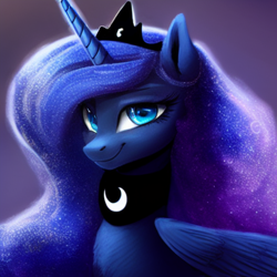 Size: 1024x1024 | Tagged: safe, editor:dovakkins, imported from derpibooru, princess luna, alicorn, pony, ai content, ai generated, bust, clothes, crown, cute, female, g4, generator:purplesmart.ai, generator:stable diffusion, jewelry, looking at you, mare, portrait, regalia, scarf, simple background, smiling, smiling at you, solo