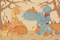 Size: 3000x2000 | Tagged: safe, artist:flaming-trash-can, imported from derpibooru, applejack, rainbow dash, earth pony, pegasus, pony, autumn, clothes, leaves, pumpkin, scarf, striped scarf, tree