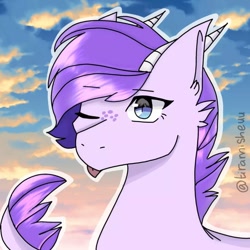 Size: 1080x1080 | Tagged: safe, artist:malikaulfah12, imported from derpibooru, oc, oc only, oc:crystal clarity, dracony, hybrid, kilalaverse, bust, female, interspecies offspring, offspring, one eye closed, outline, parent:rarity, parent:spike, parents:sparity, signature, solo, tongue out, wink