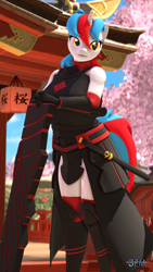 Size: 1080x1920 | Tagged: safe, artist:anthroponiessfm, imported from derpibooru, oc, oc:audina puzzle, anthro, unicorn, 3d, anthro oc, armor, cherry blossoms, clothes, female, flower, flower blossom, horn, panties, shield, source filmmaker, sword, underwear, unicorn oc, weapon