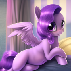 Size: 1024x1024 | Tagged: safe, imported from derpibooru, pipp petals, pegasus, pony, adorapipp, ai content, ai generated, bed, belly, belly button, cute, female, g5, looking at you, mare, missing accessory, smiling, smiling at you, spread wings, wings, wrong eye color