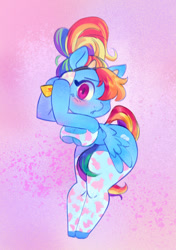 Size: 903x1280 | Tagged: safe, artist:v33tox, imported from derpibooru, rainbow dash, anthro, pegasus, unguligrade anthro, alternate hairstyle, arm hooves, big breasts, blushing, breasts, busty rainbow dash, butt, chibi, clothes, cow ears, cow horns, cowprint, headband, hips, horns, large butt, looking at you, one eye covered, ponytail, sexy, socks, solo, stupid sexy rainbow dash, thigh highs, thighs, thunder thighs, wide hips