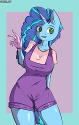 Size: 1338x2113 | Tagged: safe, artist:papery xlp, imported from derpibooru, anthro, unicorn, breasts, busty misty brightdawn, clothes, female, freckles, g5, misty brightdawn, overall shorts, overalls, solo, waving