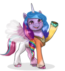 Size: 1024x1119 | Tagged: safe, artist:zsnowfilez, imported from derpibooru, izzy moonbow, pony, unicorn, amalgamation, clothes, coat markings, costume, fake wings, female, g5, hoof polish, implied hitch trailblazer, implied pipp petals, implied sunny starscout, implied zipp storm, mare, nightmare night costume, open mouth, open smile, simple background, smiling, socks (coat markings), solo, transparent background