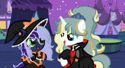 Size: 1500x818 | Tagged: safe, artist:princessmoonsilver, imported from derpibooru, oc, oc:alisa, oc:krystel, pony, unicorn, base used, clothes, costume, dress, duo, female, filly, foal, halloween, hat, holiday, mother and child, mother and daughter, nightmare night, witch hat