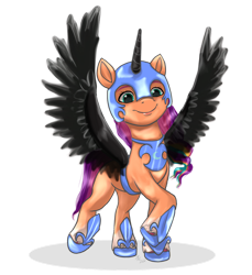 Size: 1024x1117 | Tagged: safe, artist:zsnowfilez, imported from derpibooru, nightmare moon, sunny starscout, earth pony, pony, clothes, cosplay, costume, g5, nightmare moon armor, nightmare night costume, nightmare sunny, simple background, solo, transparent background