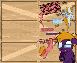 Size: 1920x1585 | Tagged: safe, artist:alexdti, imported from derpibooru, oc, oc only, oc:aqua lux, oc:purple creativity, oc:warm focus, pegasus, pony, comic:quest for friendship, angel, blushing, breaking the fourth wall, butt, comic, devil, dialogue, ears back, female, folded wings, glasses, grammar error, hammer, hoof hold, hooves, looking at someone, mare, nails, onomatopoeia, open mouth, pegasus oc, pinpoint eyes, plot, shoulder angel, shoulder devil, speech bubble, spread wings, underhoof, wings, wood, yelling