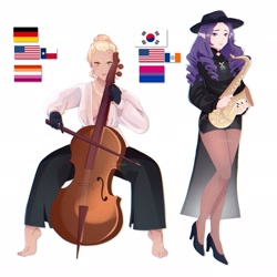 Size: 2048x2048 | Tagged: safe, alternate version, artist:cryweas, imported from derpibooru, applejack, rarity, human, american flag, asian, barefoot, bisexual pride flag, bow (instrument), cello, cello bow, clothes, coat, digital art, duo, elf ears, feet, female, german flag, germany, gloves, hat, headcanon, high heels, humanized, jewelry, lesbian, lesbian pride flag, musical instrument, nail polish, necklace, pants, pride, pride flag, rarijack, saxophone, shipping, shirt, shoes, shorts, simple background, socks, south korea, south korean flag, stockings, thigh highs, white background