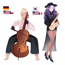 Size: 2048x2048 | Tagged: safe, alternate version, artist:cryweas, imported from derpibooru, applejack, rarity, human, american flag, asian, barefoot, bow (instrument), cello, cello bow, clothes, coat, digital art, duo, elf ears, feet, female, german flag, germany, gloves, hat, headcanon, high heels, humanized, jewelry, lesbian, musical instrument, nail polish, necklace, pants, rarijack, saxophone, shipping, shirt, shoes, shorts, simple background, socks, south korea, south korean flag, stockings, thigh highs, white background