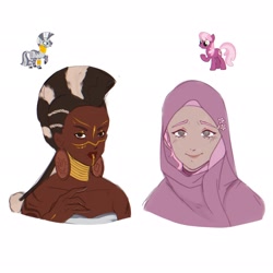 Size: 2048x2048 | Tagged: safe, artist:cryweas, imported from derpibooru, cheerilee, fluttershy, zecora, earth pony, human, pony, zebra, africa, african, alternate hairstyle, cheeribetes, cute, dark skin, duo, ear piercing, earring, hijab, humanized, islam, islamashy, jewelry, neck rings, piercing, religion, simple background, tattoo, white background, zecorable