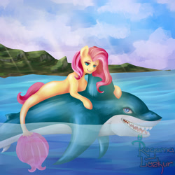 Size: 2550x2550 | Tagged: safe, artist:ragama lozkur, imported from derpibooru, fluttershy, merpony, seapony (g4), shark, cloud, digital art, dorsal fin, female, fish tail, green eyes, island, mare, ocean, open mouth, pink mane, riding, seaponified, seapony fluttershy, signature, sky, smiling, solo, species swap, sunlight, swimming, tail, teeth, water