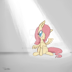 Size: 1920x1920 | Tagged: safe, artist:tinumbrio, imported from derpibooru, fluttershy, pegasus, pony, aside glance, blushing, deviantart watermark, female, hair over one eye, head tilt, looking at you, mare, obtrusive watermark, raised hoof, sitting, solo, spotlight, spread wings, watermark, wings