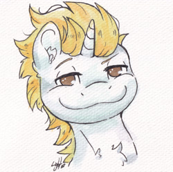 Size: 2295x2286 | Tagged: safe, artist:lightisanasshole, imported from derpibooru, oc, oc only, oc:current loop, pony, unicorn, bust, portrait, smug, solo, traditional art