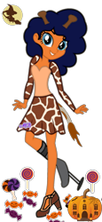 Size: 1121x2427 | Tagged: safe, artist:mapleb, imported from derpibooru, oc, oc only, oc:heartspring, giraffe, human, amputee, candy, clothes, costume, dress, food, grin, hairband, halloween, halloween costume, high heels, holiday, humanized, humanized oc, lollipop, moon, nonbinary, prosthetic leg, prosthetic limb, prosthetics, pumpkin, shoes, simple background, smiling, solo, transparent background