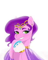 Size: 1641x2048 | Tagged: safe, artist:aztrial, imported from derpibooru, pipp petals, pegasus, pony, spoiler:g5, spoiler:my little pony: tell your tale, spoiler:tyts01e32, adorapipp, baby critters, bracelet, cloak, clothes, crown, cute, dress, eyeshadow, female, g5, grin, jewelry, makeup, mare, markings, my little pony: tell your tale, raised hoof, regalia, simple background, smiling, solo, unshorn fetlocks, white background