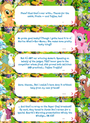 Size: 2048x2792 | Tagged: safe, idw, imported from derpibooru, applejack, pinkie pie, toffee truffle, vermouth roux, earth pony, griffon, pony, applejack's hat, bowtie, cowboy hat, dialogue, english, event, female, game screencap, gameloft, glasses, ham pony, hat, idw showified, male, mare, microphone, official, spread wings, stallion, text, wings