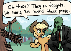 Size: 513x367 | Tagged: safe, artist:plunger, imported from derpibooru, applejack, oc, oc:anon, earth pony, human, pony, apple, apple orchard, apple tree, applejack's hat, cowboy hat, dialogue, drawthread, faggot, female, hat, have a gay old time, human male, laughing, male, mare, necktie, oh dear, open mouth, orchard, raised hoof, speech bubble, stick, stifling laughter, sweet apple acres, talking, tree, vulgar