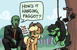 Size: 600x394 | Tagged: safe, artist:plunger, imported from derpibooru, applejack, oc, oc:anon, oc:filly anon, earth pony, human, pony, applejack's hat, cowboy hat, dialogue, drawthread, earth pony oc, faggot, female, filly, floppy ears, foal, hat, human male, male, mare, necktie, open mouth, slur, speech bubble, stick, swing, talking, tire, tire swing, vulgar