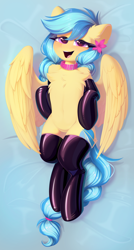 Size: 2192x4096 | Tagged: safe, artist:kebchach, imported from derpibooru, oc, oc only, oc:jeppesen, pegasus, pony, bed, bedroom eyes, braid, braided tail, butt fluff, chest fluff, clothes, collar, ear fluff, featureless crotch, female, flower, flower in hair, heart, heart eyes, latex, latex socks, latex stockings, mare, on bed, open mouth, pegasus oc, socks, solo, spread wings, stockings, tail, thigh highs, twin braids, wingding eyes, wings