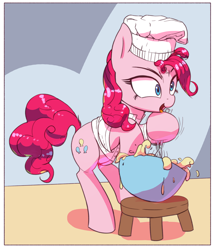 Size: 3000x3489 | Tagged: safe, artist:vultraz, imported from derpibooru, pinkie pie, earth pony, pony, baking, bowl, chef's hat, clothes, dough, egg beater, female, hat, mare, mixing, mixing bowl, open mouth, pinktober, ponerpics import, shirt, solo, stool