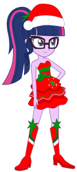 Size: 813x1816 | Tagged: safe, artist:fireluigi29, imported from derpibooru, sci-twi, twilight sparkle, human, equestria girls, bare shoulders, boots, christmas, clothes, dress, fall formal outfits, glasses, hat, high heel boots, holiday, santa hat, shoes, simple background, sleeveless, solo, strapless, transparent background